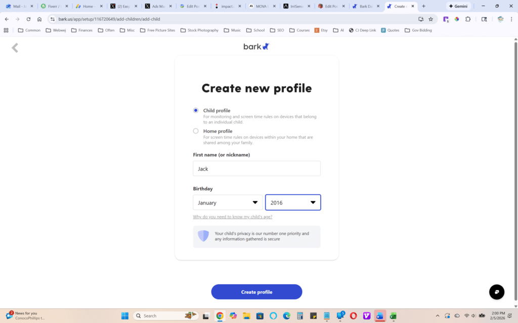 bark home setup screen - create child profile